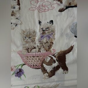 Whimsical Kitten Cat Print Twin Flat Sheet - Pink & Cream